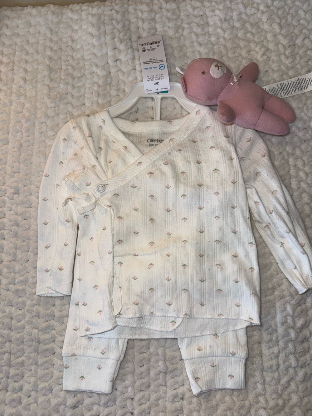 Carter's Cream Ribbed Kimono Top and Pants Set with Pink Floral Dots